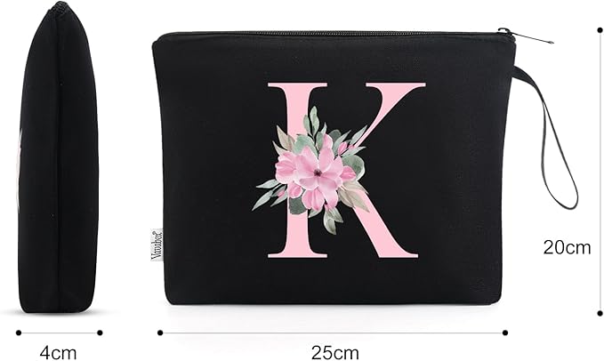 Vavabox A-Z Personalized Makeup Bag, Birthday Gifts for Women Mom, Gifts for Best Friend, Bride Bridesmaid Cosmetic bag (K, Black)