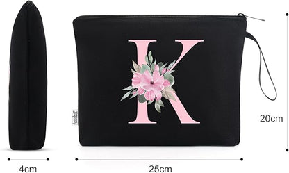 Vavabox A-Z Personalized Makeup Bag, Birthday Gifts for Women Mom, Gifts for Best Friend, Bride Bridesmaid Cosmetic bag (K, Black)