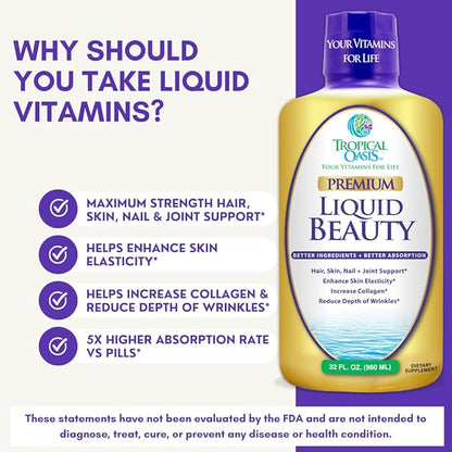 Tropical Oasis - Liquid Beauty | Supplement for Hair, Skin, & Nail Growth, Weight Control, Joint Support - Biotin + Hydrolyzed Collagen (32 Servings)