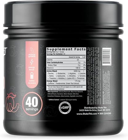 Amino+ Powder - Pre and Post Workout with Caffeine + Green Tea Extract - BCAA, Amino Acids, Zero Sugar, Low Calorie, Superior Taste, 40 Servings (Peach Mango)