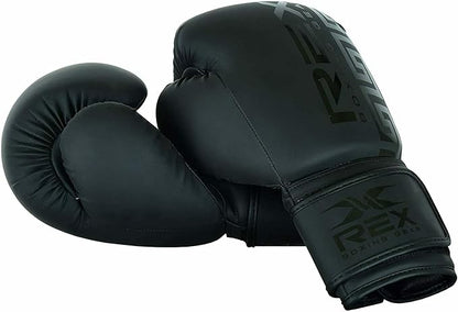 REX Boxing Gloves Training Boxing Punching Gloves for Kids & Adult PU Leather | Matte Black Glove for Sparring Kickboxing, Fighting