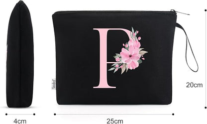 Vavabox A-Z Personalized Makeup Bag, Birthday Gifts for Women Mom, Gifts for Best Friend, Bride Bridesmaid Cosmetic bag (P, Black)