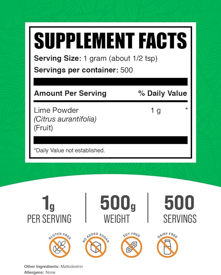 BulkSupplements.com Lime Powder - Dehydrated Lime Powder, Lime Fruit Powder, for Flavoring - Air Dried & Gluten Free, 1000mg per Serving, 500g (1.1 lbs) (Pack of 1)