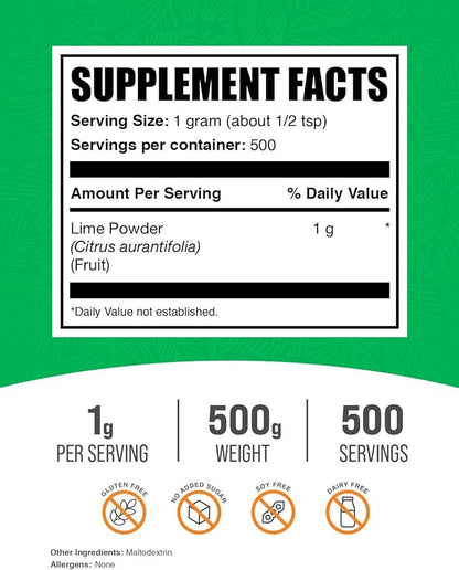 BulkSupplements.com Lime Powder - Dehydrated Lime Powder, Lime Fruit Powder, for Flavoring - Air Dried & Gluten Free, 1000mg per Serving, 500g (1.1 lbs) (Pack of 1)