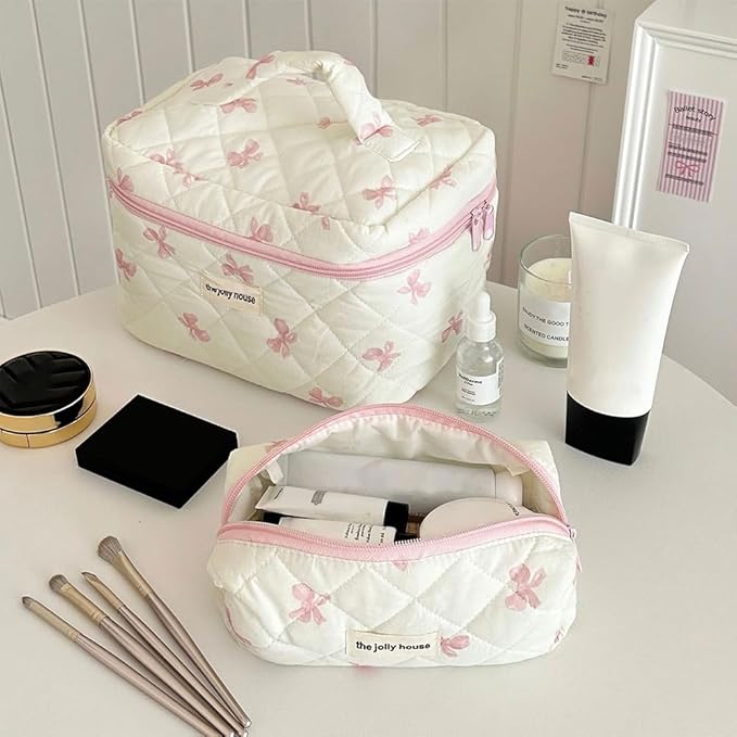 Quilted Makeup Bag Set 3 Pcs Cotton Cute Makeup Bags For Women Large Aesthetic Floral Cosmetic Bag Coquette Flower Makeup Pouch