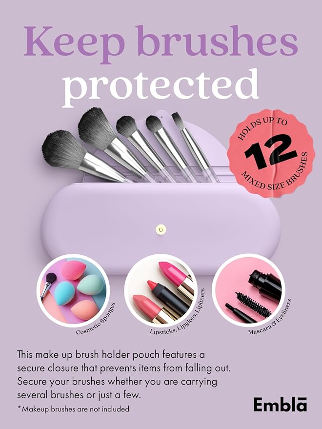 Embla Makeup Brush Holder Travel Cosmetic Case Pouch, Soft Silicone Cosmetic Bag Make Up Brushes Holder with Secure Snap Closure, Travel Makeup Brush Case, Lilac