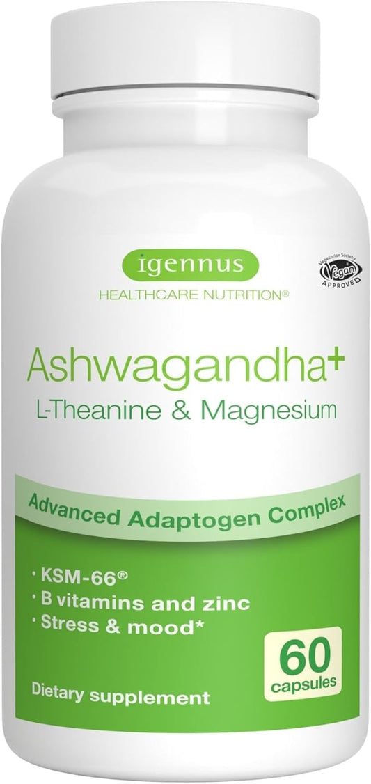 Advanced Ashwagandha KSM-66, L-Theanine & Magnesium, Ashwagandha For Men and Women, Multi Action Adaptogen Complex for Stress Support with Zinc & B Vitamins, Clean Label, 60 Vegan Capsules, by Igennus