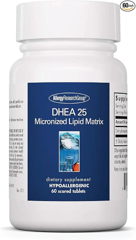 Allergy Research Group DHEA 25mg Supplement - Hormone Support for Men & Women, Micronized Lipid Matrix, Hypoallergenic, Soy-Free, Scored Tablets - 60 Count
