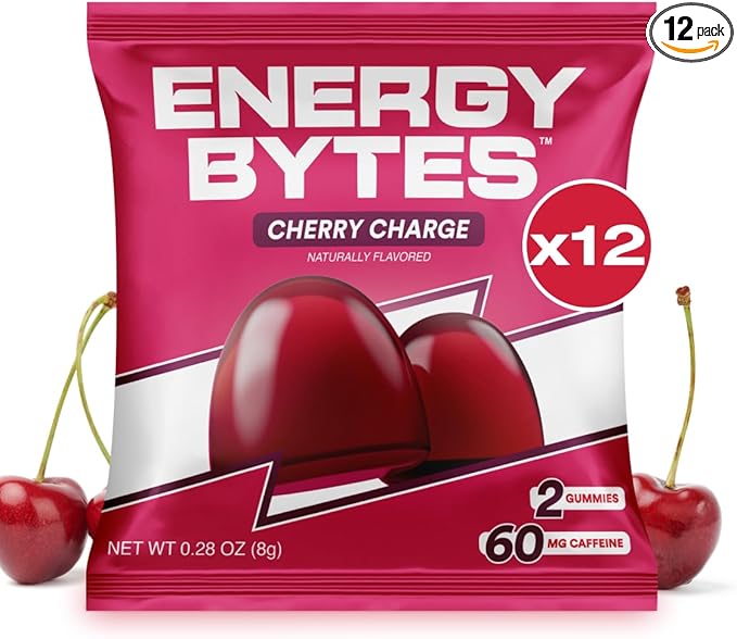 Energy Bytes Caffeine Gummies | Instant Energy Chews for Running, Cycling and Sports Performance | Vegan, Low Sugar | Cherry Charge (12-Pack)