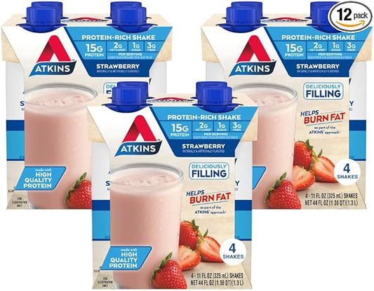 Atkins Strawberry Protein Shake, 15g Protein, Low Glycemic, 2g Net Carb, 1g Sugar, Keto Friendly, 12 Count