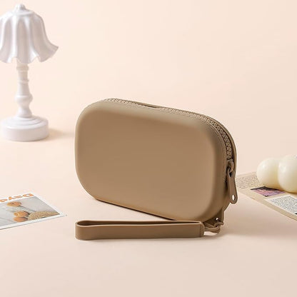 Portable Silicone Makeup Bag for Women, Small Travel Waterproof Toiletry Cosmetic Bag, Zipper Closure Organizer Makeup Case with Handle (Khaki)
