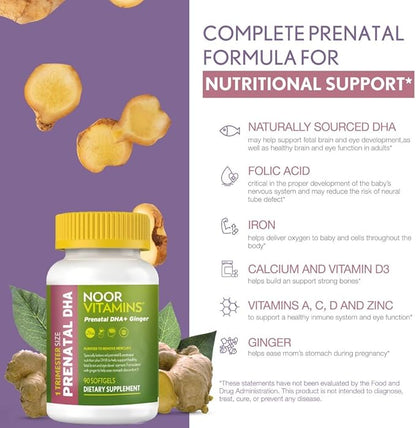 Noor Vitamins Halal Prenatal Vitamins with DHA and Folic Acid, Essential Vitamins, Ginger to Soothe Mom's Stomach, Iron, Softgels, Prenatal Vitamin Before/During/Post Pregnancy (3 Months Supply)