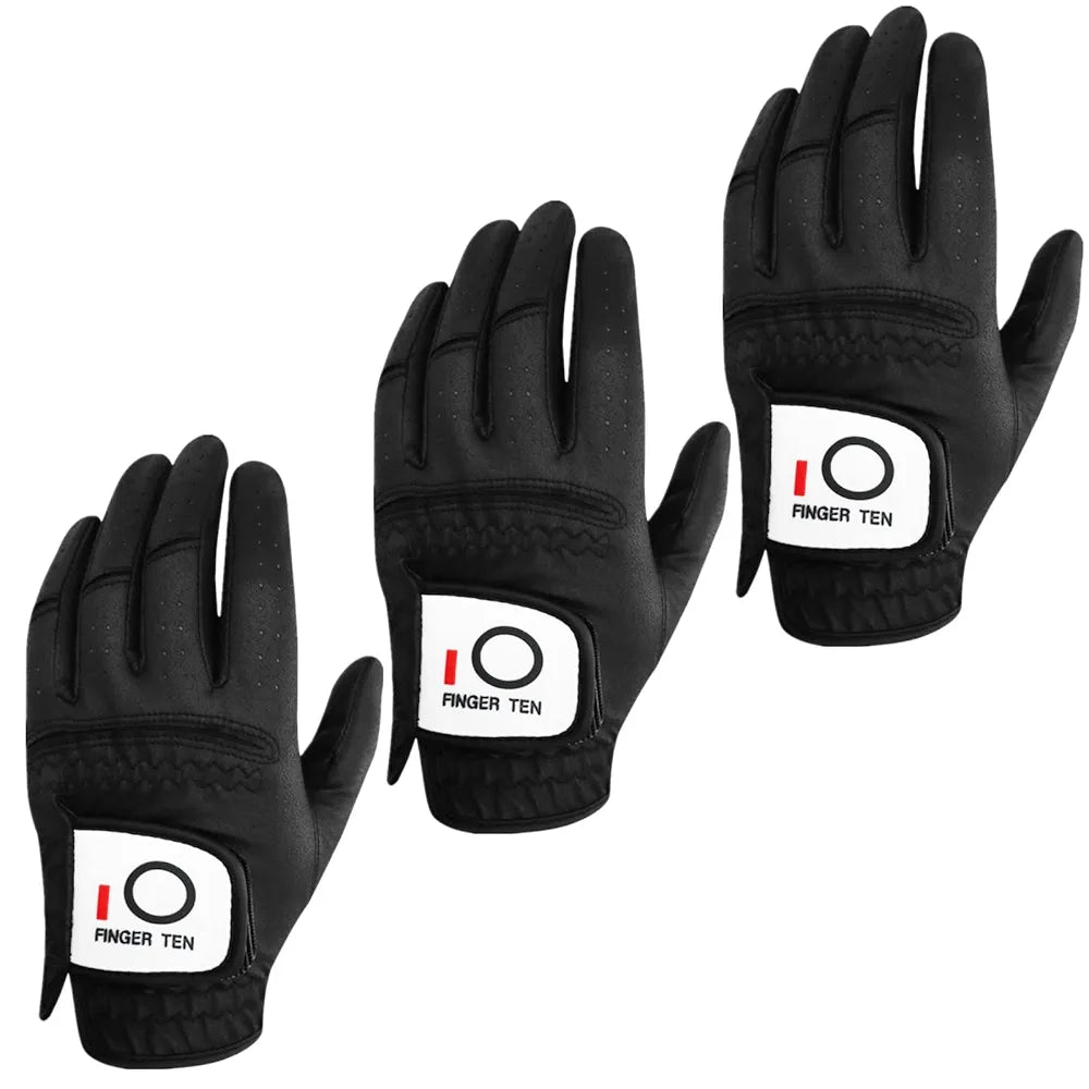 FINGER TEN Golf Gloves Men Left Hand Rain Grip Glove for Right Handed Golfer Value 3 Pack, All Weather Durable Grip Size Small Medium Large XL White Black Blue