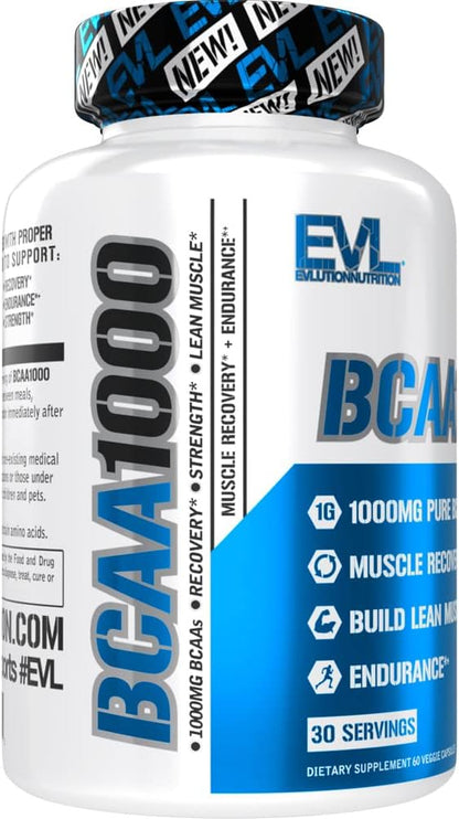 BCAAs Amino Acids Supplement for Men - EVL 2:1:1 5g BCAA Capsules for Post Workout Recovery and Lean Muscle Builder for Men - BCAA1000 Branched Chain Amino Acids Nutritional Supplement - 30 Servings