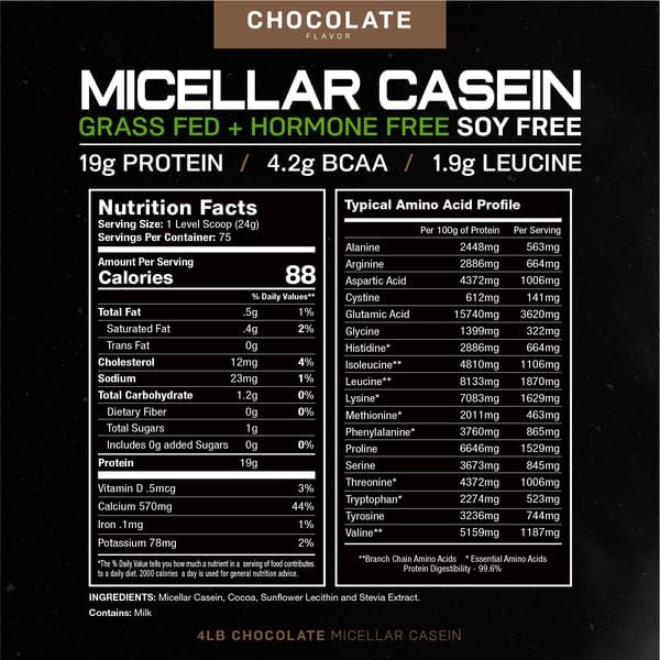 MUSCLE FEAST Pasture Raised + Grass Fed Micellar Casein + RBST/rBGH Free, Chocolate, 4lb