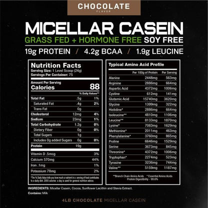 MUSCLE FEAST Pasture Raised + Grass Fed Micellar Casein + RBST/rBGH Free, Chocolate, 4lb