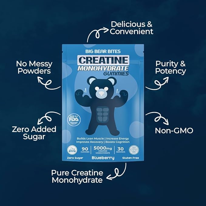 Creatine Monohydrate Gummies for Men & Women | 5000mg of Creatine Gummies per Serving | Sugar Free Gummies, Gluten Free & Halal | Pack of 90 Pre Workout Gummies for Muscle Recovery | Blueberry Flavor