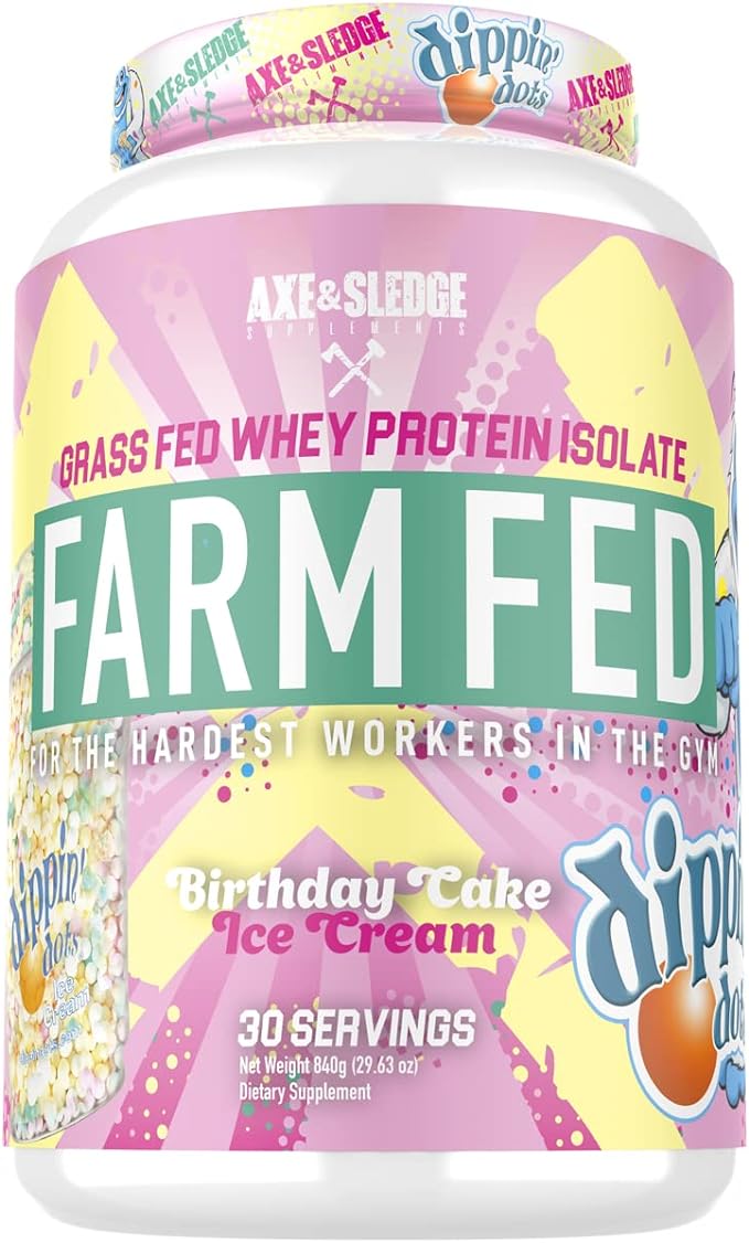 Axe & Sledge Supplements Farm Fed Grass-Fed Whey Protein Isolate, Digestive Enzymes, 22 Grams Protein, 30 Servings (Dippin' Dots Birthday Cake Ice Cream)