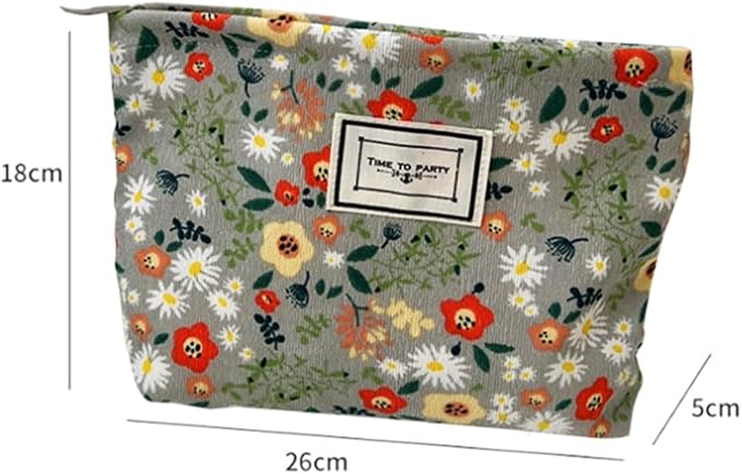 Flower Fabric Makeup Bag for Purse, Vintage Corduroy Cosmetic Pouch Bag, Portable Travel Handbag for Women Girls (Bean green flowers)