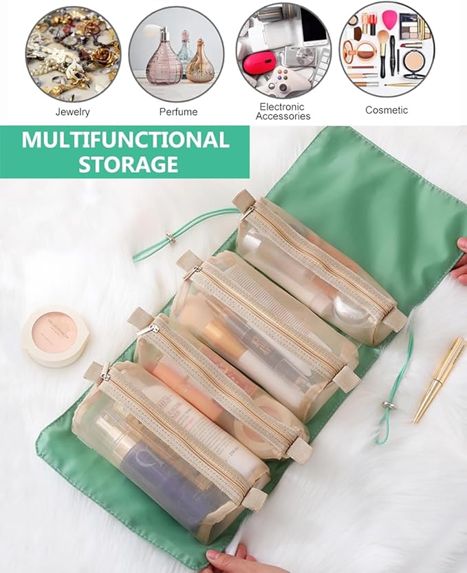 Roll Up Makeup Bag, Hanging Toiletry Bag, 4 in 1 Detachable Cosmetic Bag, 4 Removable Storage Bags, Travel Makeup Organizer Bags for Women Men(Green)