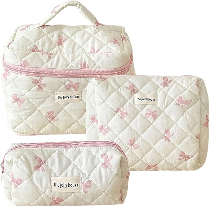 Quilted Makeup Bag Set 3 Pcs Cotton Cute Makeup Bags For Women Large Aesthetic Floral Cosmetic Bag Coquette Flower Makeup Pouch