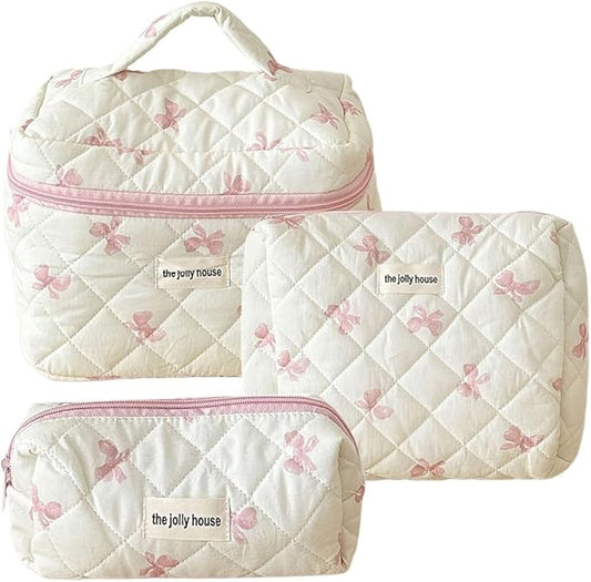 Quilted Makeup Bag Set 3 Pcs Cotton Cute Makeup Bags For Women Large Aesthetic Floral Cosmetic Bag Coquette Flower Makeup Pouch