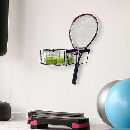 MyGift Hanging Metal Tennis Racquet and Tennis Ball Storage Basket Rack, Wall Mounted Racket Holder