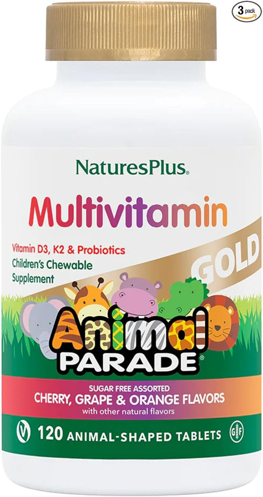 NaturesPlus Animal Parade Gold Children's Multivitamin - Assorted Cherry, Orange & Grape Flavors - 120 Animal-Shaped Chewable Tablets, Pack of 3 - Vegan, Gluten Free - 180 Total Servings