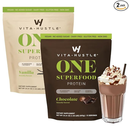 VitaHustle ONE - Superfood Meal Replacement Powder, Plant Based Protein Shake Powder, Vegan. 86 Superfoods, Vitamins, & Minerals, Ashwagandha, Adaptogens. Founded by Kevin Hart. (Chocolate & Vanilla 2-Pack)