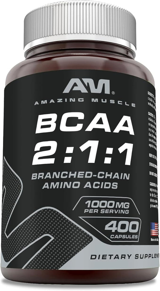 Amazing Muscle BCAA 2:1:1 1000 Mg | Pre-Workout Supplement | 400 Capsules | Non-GMO | Gluten-Free | Made in USA