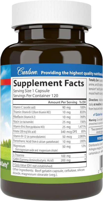 Carlson - Totally Zen, GABA, L-Theanine & B Vitamins, Healthy Mood, Promotes Calmness & Mental Clarity, 120 Capsules