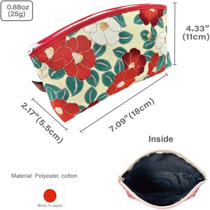 Terra Distribution Small Makeup Bag for Purse [ Made in Japan] Traditional Edo Komon Design Cute Cosmetic Pouch (Camellia flower (Ivory))
