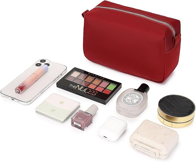 Organizer Bag Lightweight Cosmetic Bag with Ring Clasp Perfect Travel Makeup Bag for Women nylon Stand Up Design (Burgundy Red/Nylon)
