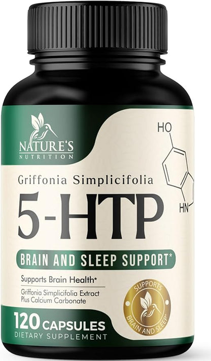 5 HTP Supplement Vegetarian Capsules 200mg 5HTP Plus Calcium for Brain Support - Extra Strength Griffonia Simplicifolia 5-HTP Formula - 5 Hydroxytryptophan - Gluten Free & Non-GMO - 120 Capsules