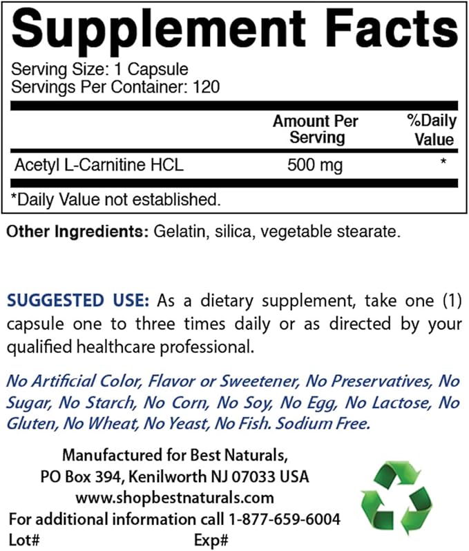 Best Naturals Acetyl L-Carnitine 500 Mg 120 Capsules (120 Count (Pack of 2))