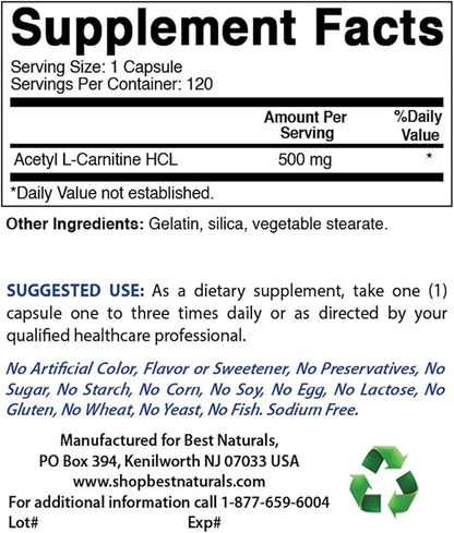 Best Naturals Acetyl L-Carnitine 500 Mg 120 Capsules (120 Count (Pack of 2))