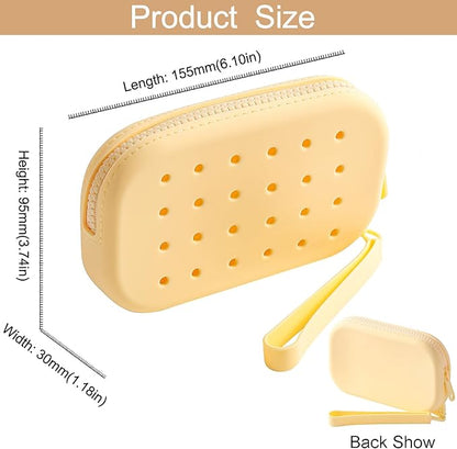 Portable Silicone Makeup Bag for Women, Small Travel Toiletry Cosmetic Bag with Decorative Holes, Zipper Closure Organizer Makeup Case with Handle (Yellow)