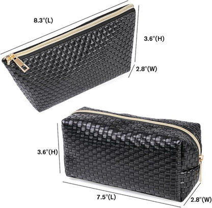 FITINI 3 Pieces Makeup Bags Double Layer Travel Large Cosmetic Cases Organizer Toiletry Bags Waterproof Small Zipper Pouch for Women Makeup Brush Storage Bag,Black Woven Pattern