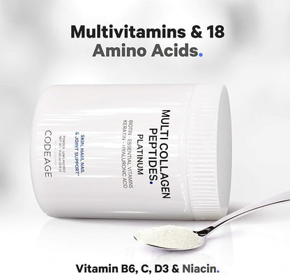 Codeage Multi Collagen for Women & Men Biotin 10000mcg Keratin, Protein Powder Vitamin C B6 D3, Hyaluronic Acid, Niacin - Hydrolyzed Collagen Coffee Creamer 5 Types - Unflavored - Non-GMO - 11.5oz