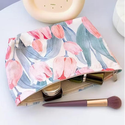 Cosmetic Bags for Women Makeup Bag Large Capacity Purse Travel Toiletry Zipper Storage Pouch Make up Brushes Organizer for Gifts (Pink, tulip)