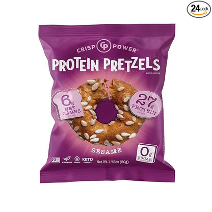 Crisp Power High Protein Pretzel Crisps - 6 Pack x 1.75 oz Crunchy & Flavorful Plant-Based Snack. No Sugar, 28g Protein Per Pack in 3 Savory Flavors, Vegan, Keto Friendly, Non-GMO, Kosher Non-Dairy (1.75 Ounce (Pack of 24), Sesame)