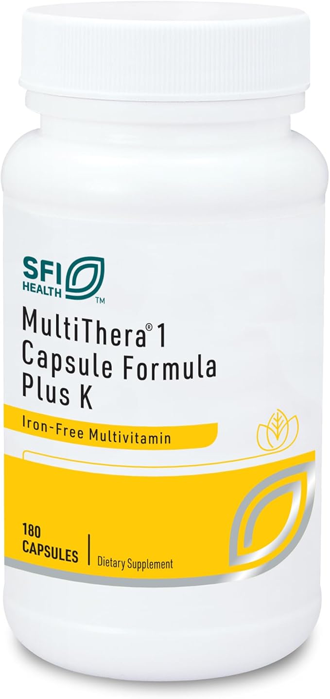 Klaire Labs MultiThera 1 Plus K Iron-Free Multivitamin & Multimineral Capsule Formula with Vitamin K1 & K2 - High Potency with Active Folate, No Iron (180 Capsules)
