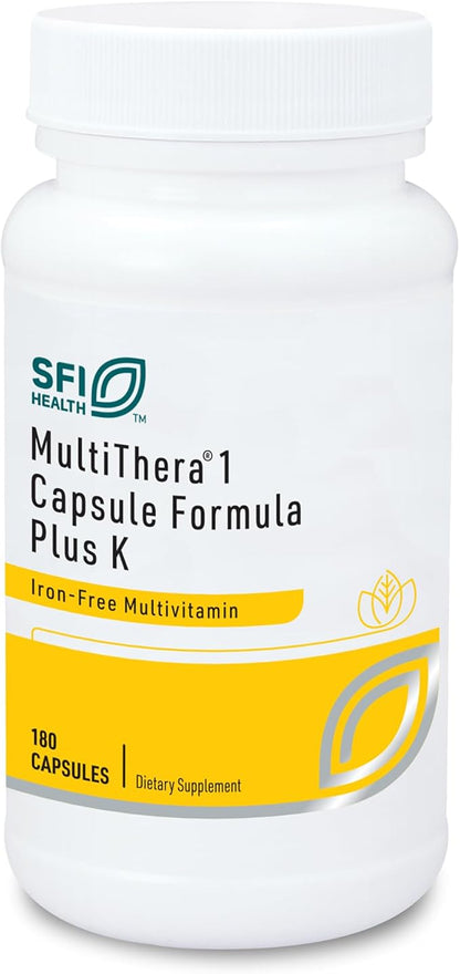 Klaire Labs MultiThera 1 Plus K Iron-Free Multivitamin & Multimineral Capsule Formula with Vitamin K1 & K2 - High Potency with Active Folate, No Iron (180 Capsules)