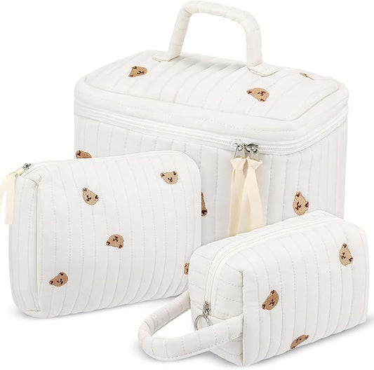 Paterr 3 Pieces Cotton Quilted Makeup Bag Set Coquette Cosmetic Bag Aesthetic Travel Toiletry pouch Cute Pouch Kawaii Aesthetic for Women(White,Little Bear)