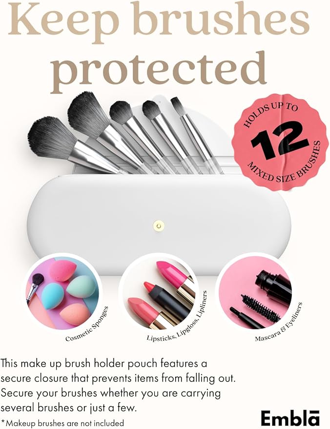 Embla Makeup Brush Holder Travel Cosmetic Case Pouch, Soft Silicone Cosmetic Bag Make Up Brushes Holder with Secure Snap Closure, Travel Makeup Brush Case, White