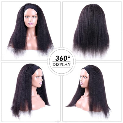 Headband Wigs Human Hair 180% Density 12A Kinky Straight Human Hair Headband Wigs For Black Women Yaki Straight Human Hair Wigs With Headband Attached Half Wig Natural Black Color 24 Inch
