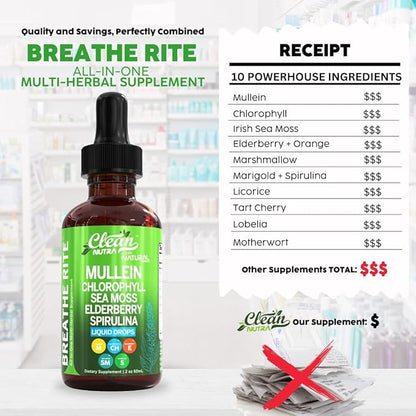 Organic Mullein Liquid Drops With Chlorophyll for Lung Detox Plus Irish Sea Moss, Spirulina, Licorice, Tart Cherry, Lobelia, Motherwort, And Elderberry For Men Women Health Supplement Vitamin