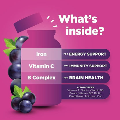 Tasty Kids Multivitamin with Iron Gummy - Gentle Iron Gummies for Kids and Toddlers with Vitamin C and B Complex - Non Constipating Iron Supplements for Kids - Vegetarian Non GMO Kosher Gluten Free