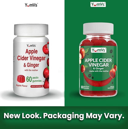 Apple Cider Vinegar Gummies with The Mother + Ginger by YumVs | Non GMO, Vegetarian Supplement for Women & Men | Heart Health and Digestive Support | Natural Apple Flavor Chewables - 60 Count