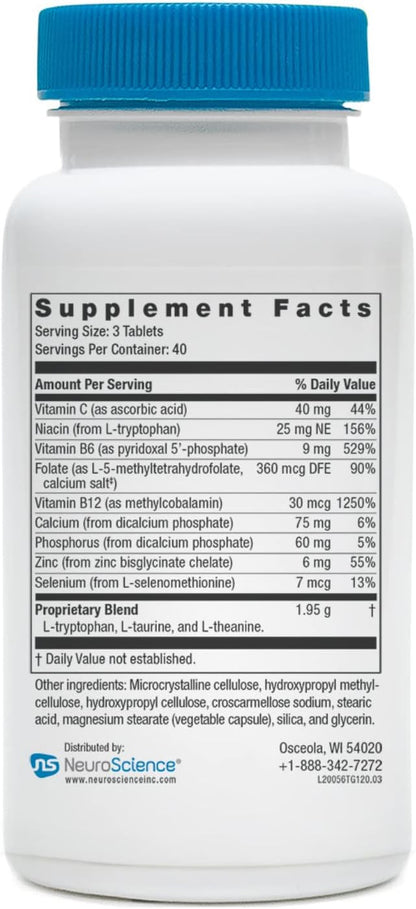 NeuroScience Calm Aid & Mood Support Supplement - TravaGen - with L Tryptophan, L Theanine & Vitamin B12 Complex - Serotonin & GABA Neurotransmitter Supplement (120 Capsules)